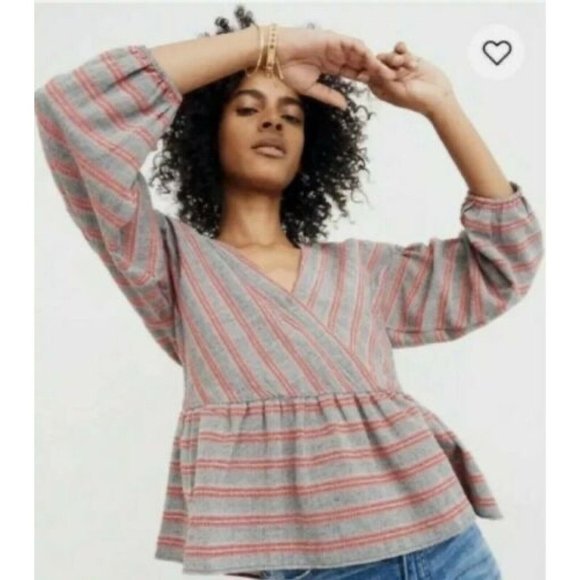 Madewell Tops - Madewell Top Size Medium Faux Wrap Peplum Gray Stripe Bubble Sleeve Surplice